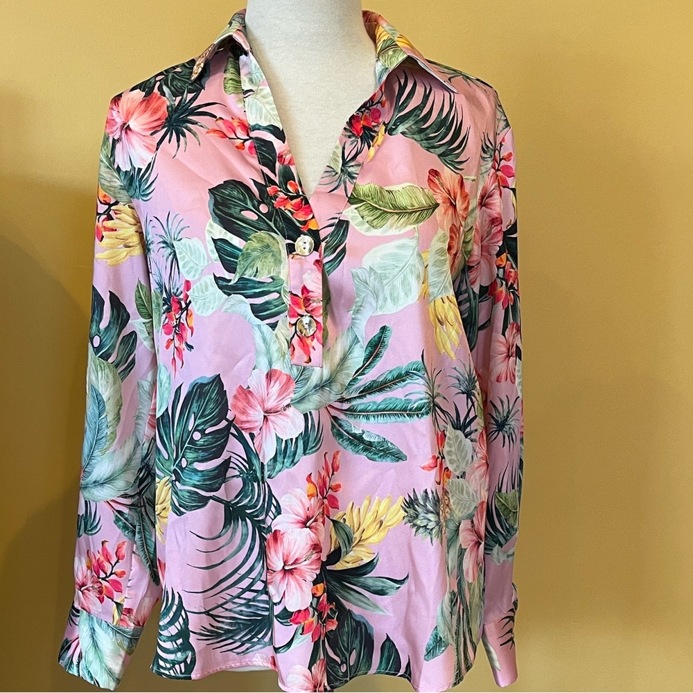 ZARA Tropical Floral Print Garment in Pink and Green - Size M